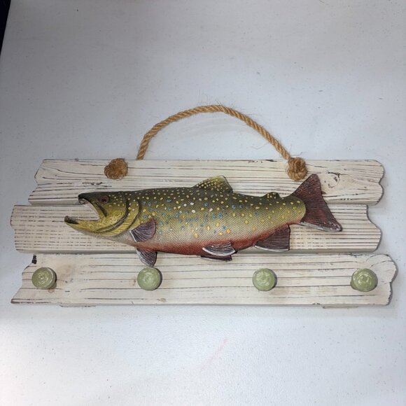 Brook Trout Resin Wall Art 4 Hooks Hanging Rack Realistic 2D Cabin Lodge Western - Picture 3 of 11